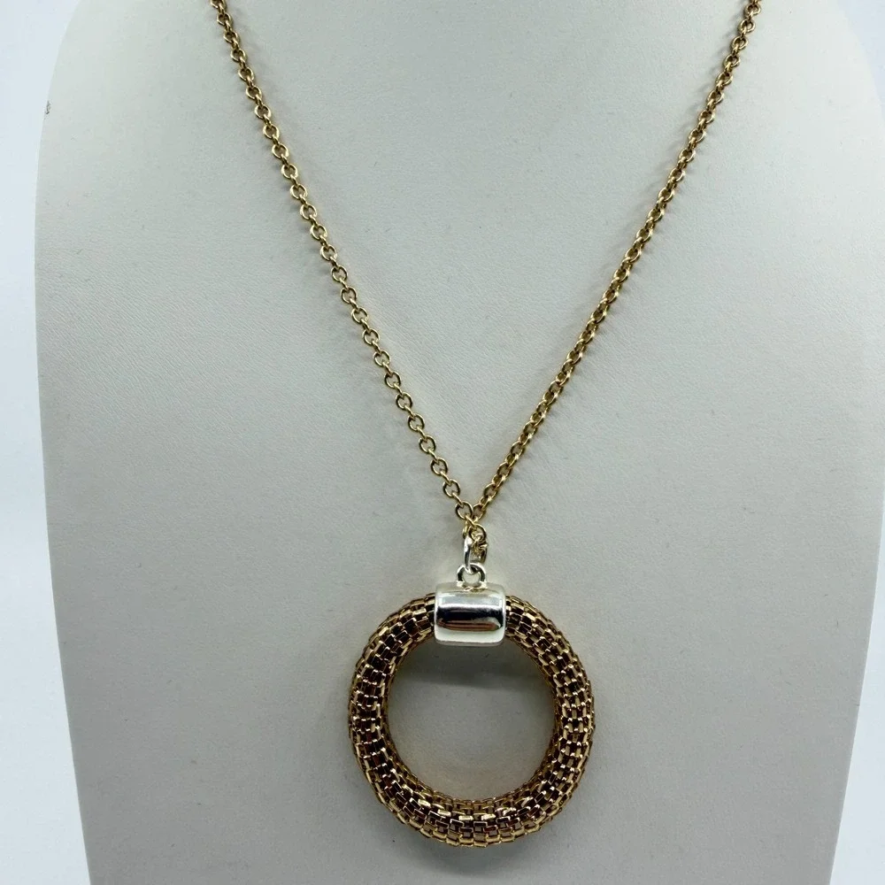 SHB Mesh Circle Pendant Necklace Gold Tone Textured Statement Layering Boho Gift